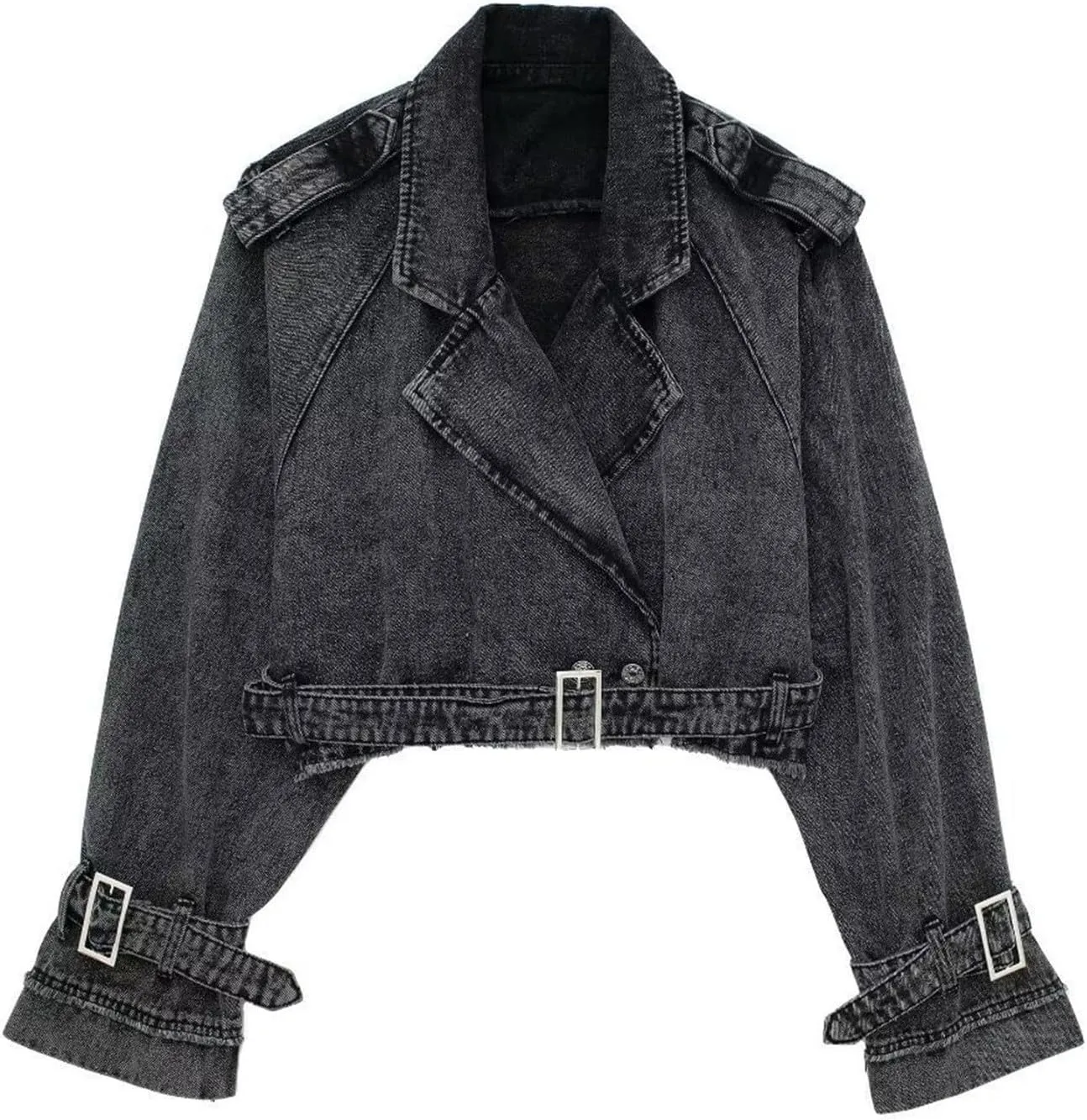 Women's Casual Lapel Short Denim Trench Jacket Cropped Pea Coat Crop Long Sleeve Jean Jackets Coats Outwear with Belt