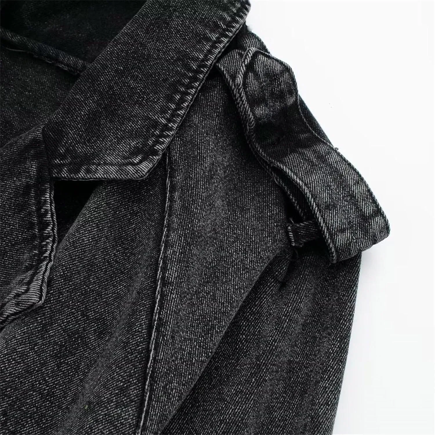Women's Casual Lapel Short Denim Trench Jacket Cropped Pea Coat Crop Long Sleeve Jean Jackets Coats Outwear with Belt