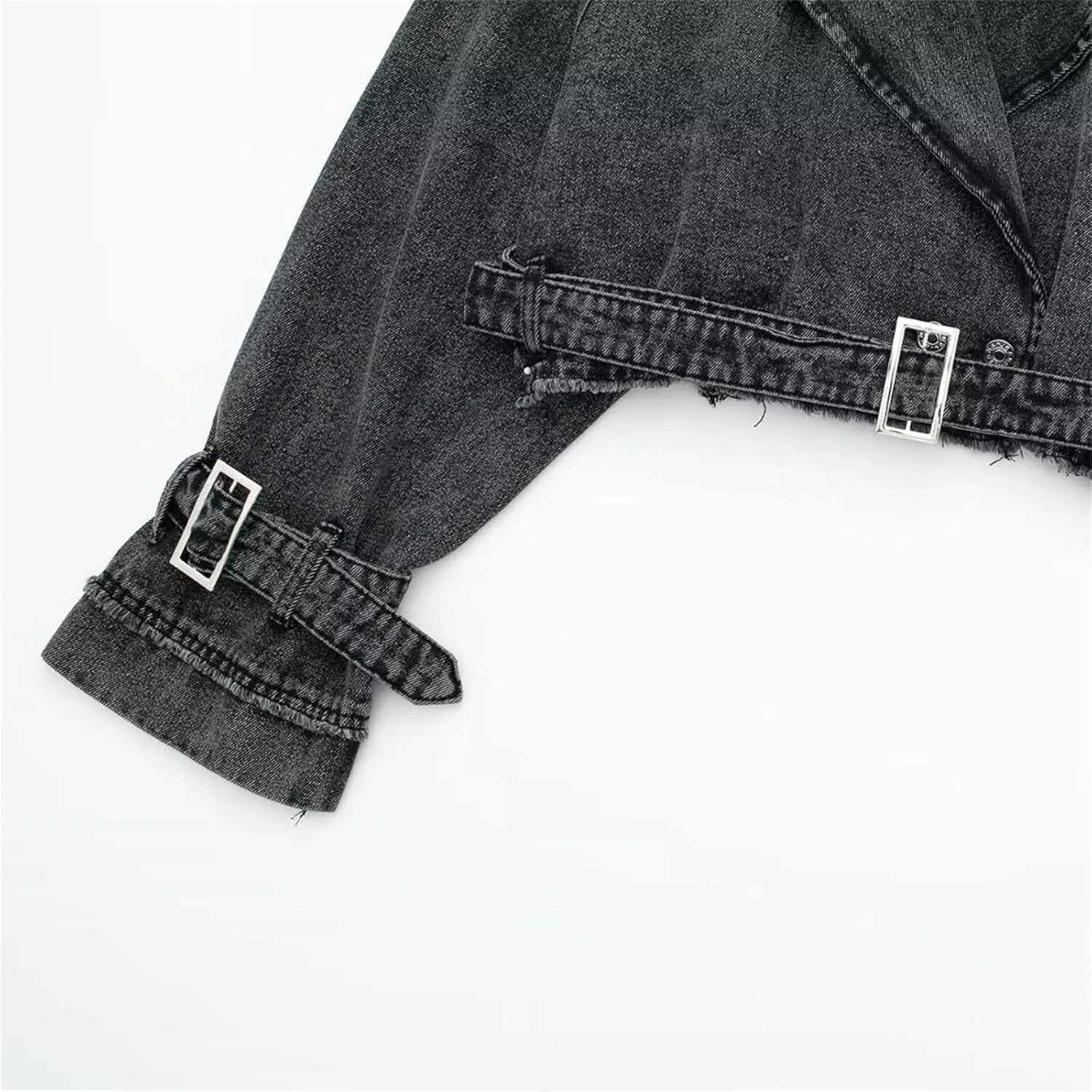 Women's Casual Lapel Short Denim Trench Jacket Cropped Pea Coat Crop Long Sleeve Jean Jackets Coats Outwear with Belt