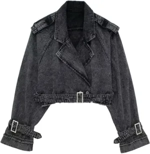 Women's Casual Lapel Short Denim Trench Jacket Cropped Pea Coat Crop Long Sleeve Jean Jackets Coats Outwear with Belt