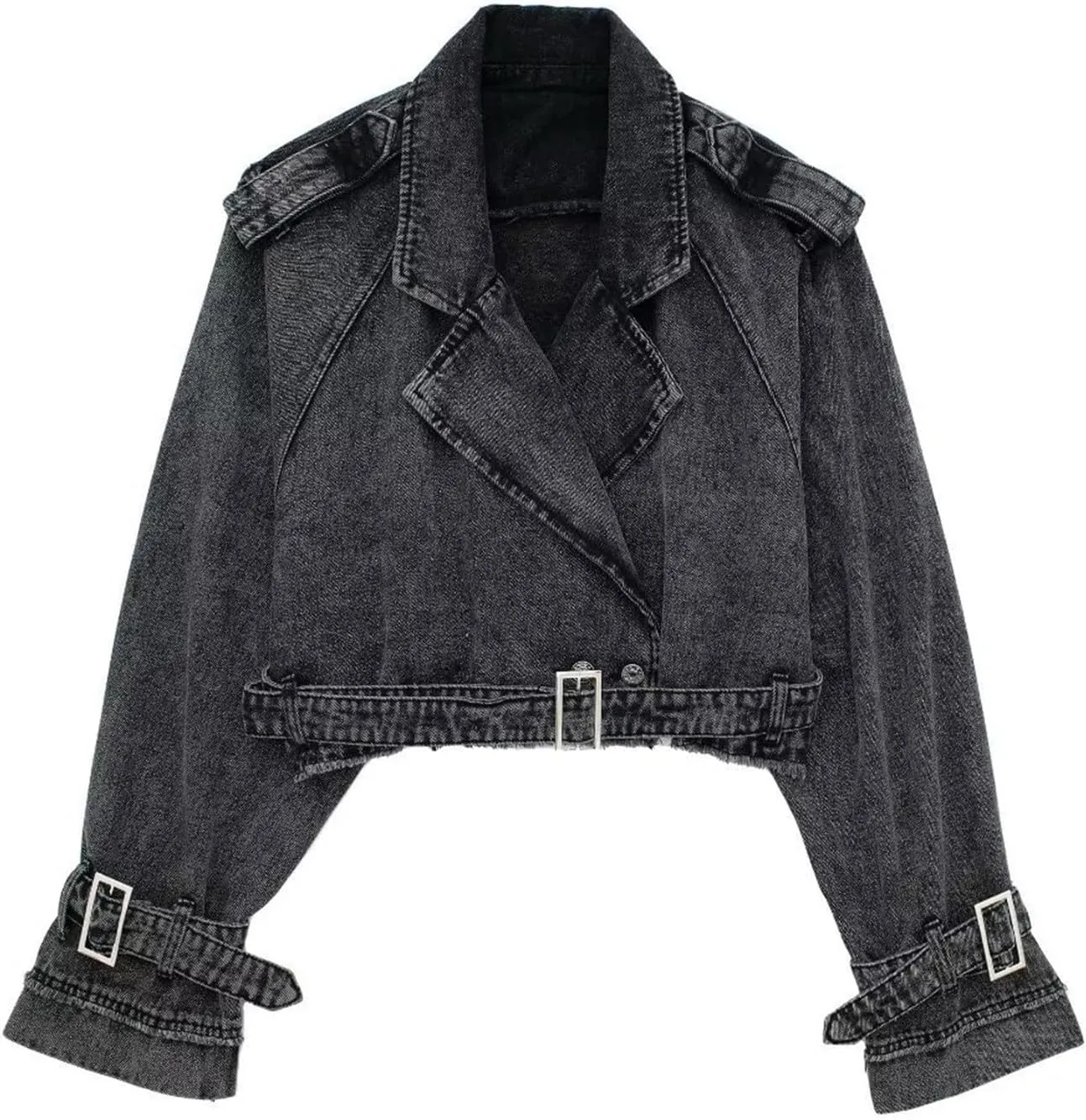 Women's Casual Lapel Short Denim Trench Jacket Cropped Pea Coat Crop Long Sleeve Jean Jackets Coats Outwear with Belt