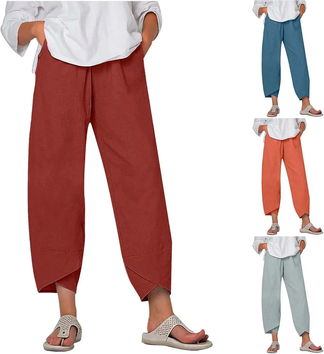 Womens Casual Linen Pants Cotton Harem Pants Plus Size Lounge Pants with Pockets Summer Pants Loose Straight Leg Pants