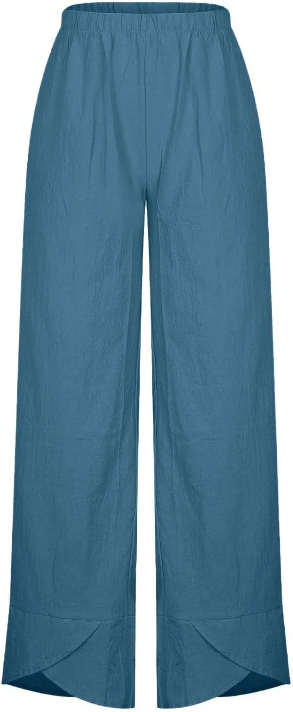 Womens Casual Linen Pants Cotton Harem Pants Plus Size Lounge Pants with Pockets Summer Pants Loose Straight Leg Pants