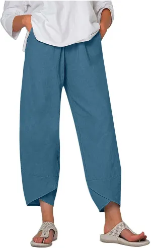 Womens Casual Linen Pants Cotton Harem Pants Plus Size Lounge Pants with Pockets Summer Pants Loose Straight Leg Pants