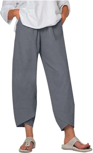 Womens Casual Linen Pants Cotton Harem Pants Plus Size Lounge Pants with Pockets Summer Pants Loose Straight Leg Pants