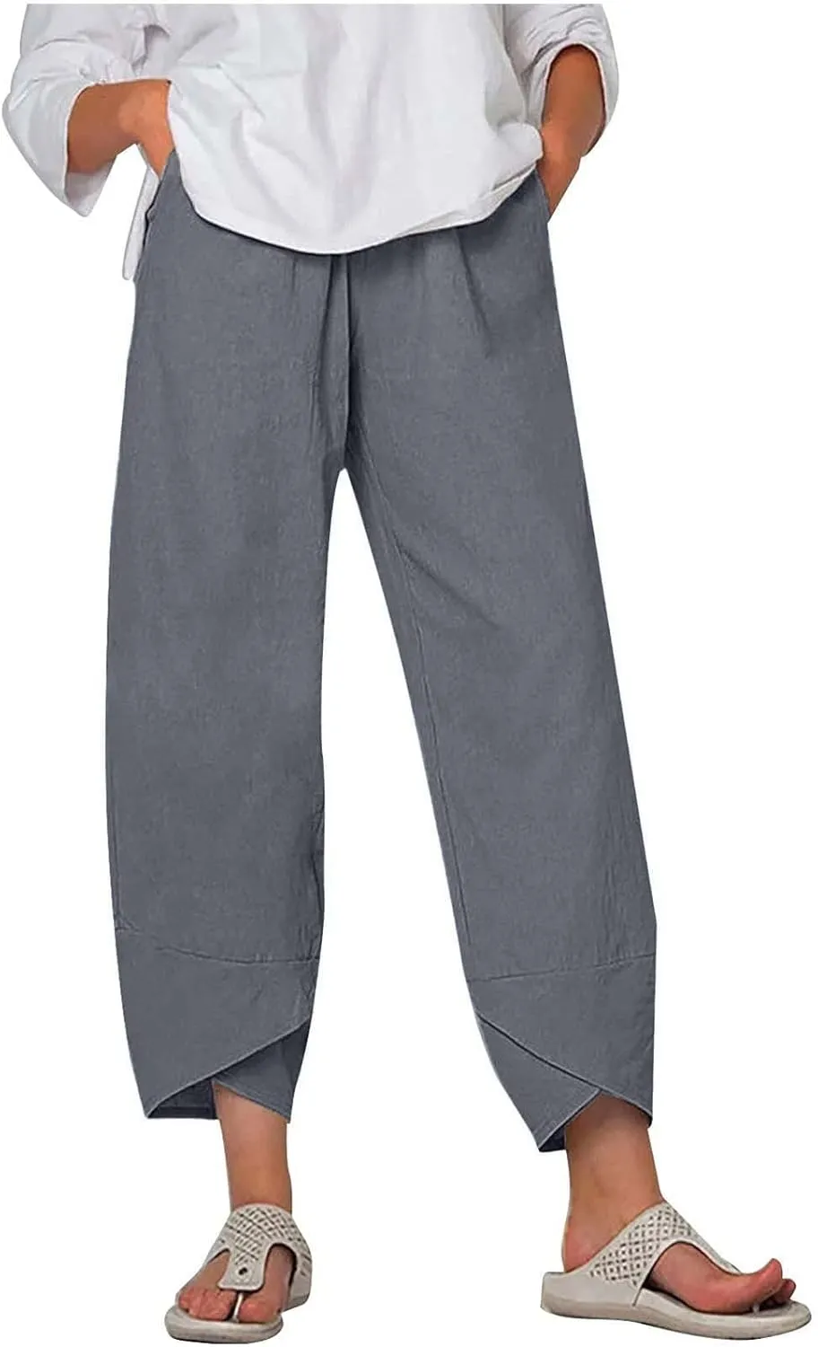 Womens Casual Linen Pants Cotton Harem Pants Plus Size Lounge Pants with Pockets Summer Pants Loose Straight Leg Pants