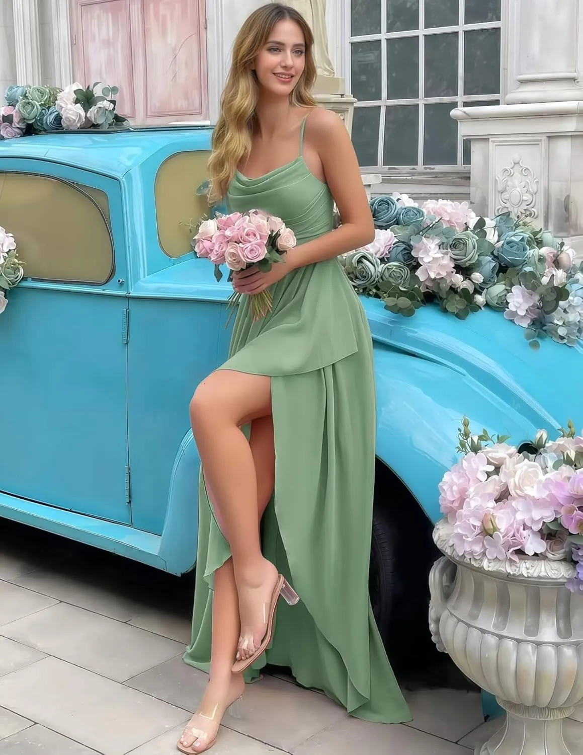 Women's Chiffon Ruffled Bridesmaid Dresses Long Cowl Neck A Line Pleated Formal Party Dress with Slit