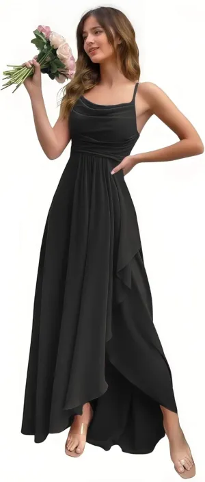 Women's Chiffon Ruffled Bridesmaid Dresses Long Cowl Neck A Line Pleated Formal Party Dress with Slit