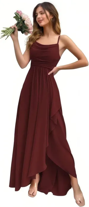 Women's Chiffon Ruffled Bridesmaid Dresses Long Cowl Neck A Line Pleated Formal Party Dress with Slit
