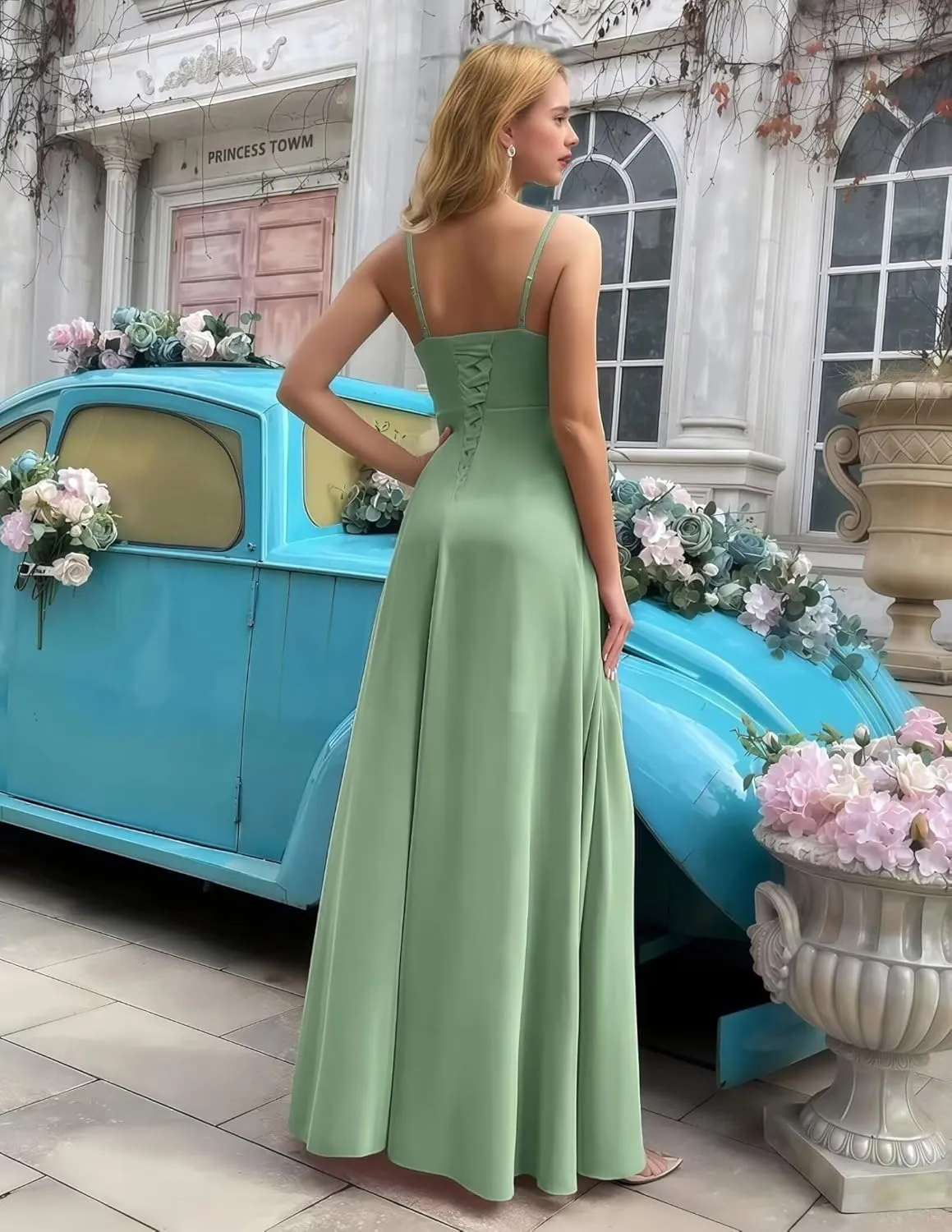 Women's Chiffon Ruffled Bridesmaid Dresses Long Cowl Neck A Line Pleated Formal Party Dress with Slit