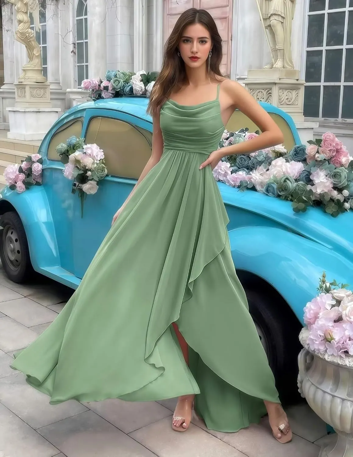 Women's Chiffon Ruffled Bridesmaid Dresses Long Cowl Neck A Line Pleated Formal Party Dress with Slit