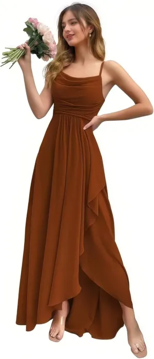 Women's Chiffon Ruffled Bridesmaid Dresses Long Cowl Neck A Line Pleated Formal Party Dress with Slit