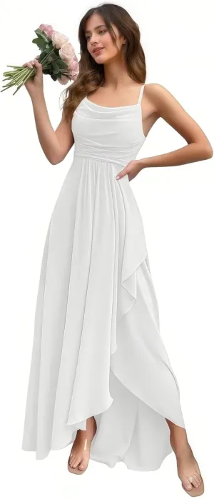 Women's Chiffon Ruffled Bridesmaid Dresses Long Cowl Neck A Line Pleated Formal Party Dress with Slit