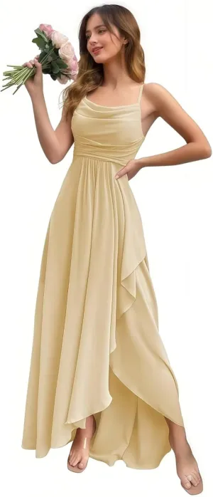 Women's Chiffon Ruffled Bridesmaid Dresses Long Cowl Neck A Line Pleated Formal Party Dress with Slit