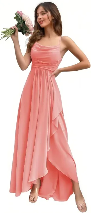 Women's Chiffon Ruffled Bridesmaid Dresses Long Cowl Neck A Line Pleated Formal Party Dress with Slit