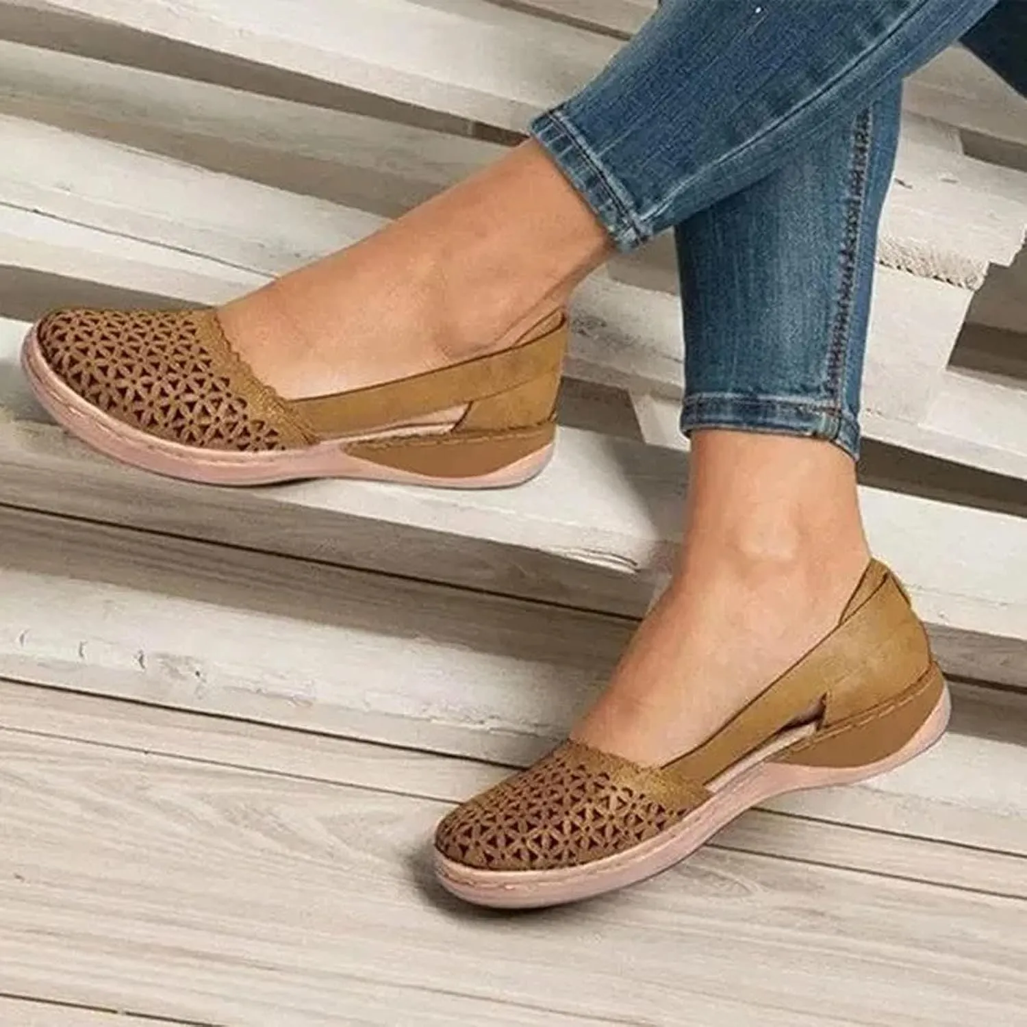 Womens Closed Toe Sandals Dressy Summer Hollow Out Sandals Round Toe Low Heel Sandals Comfortable Breathable Eyelets Shoes Casual Slip On Flat Shoes