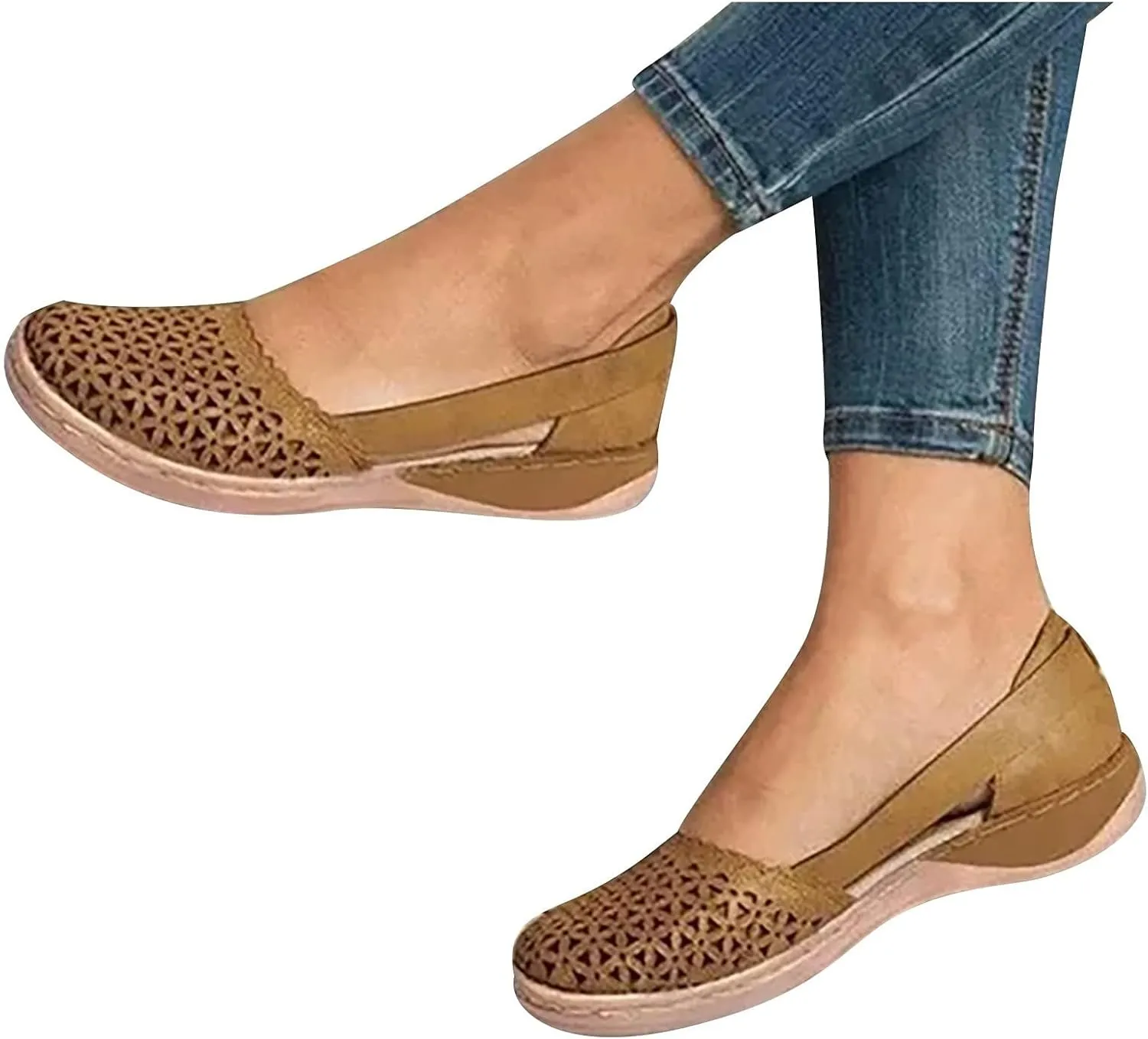 Womens Closed Toe Sandals Dressy Summer Hollow Out Sandals Round Toe Low Heel Sandals Comfortable Breathable Eyelets Shoes Casual Slip On Flat Shoes