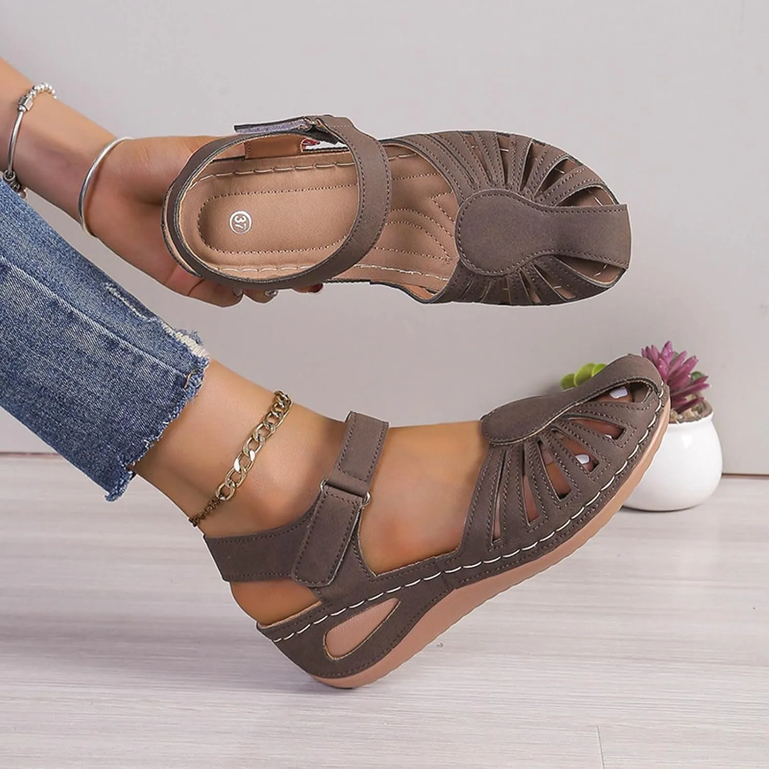 Women's Closed Toe Sandals,Comfortable Orthopedic Sandal with Arch Support Ankle Strap Dressy Summer Platform Wedge Shoes Walking Casual Orthotic