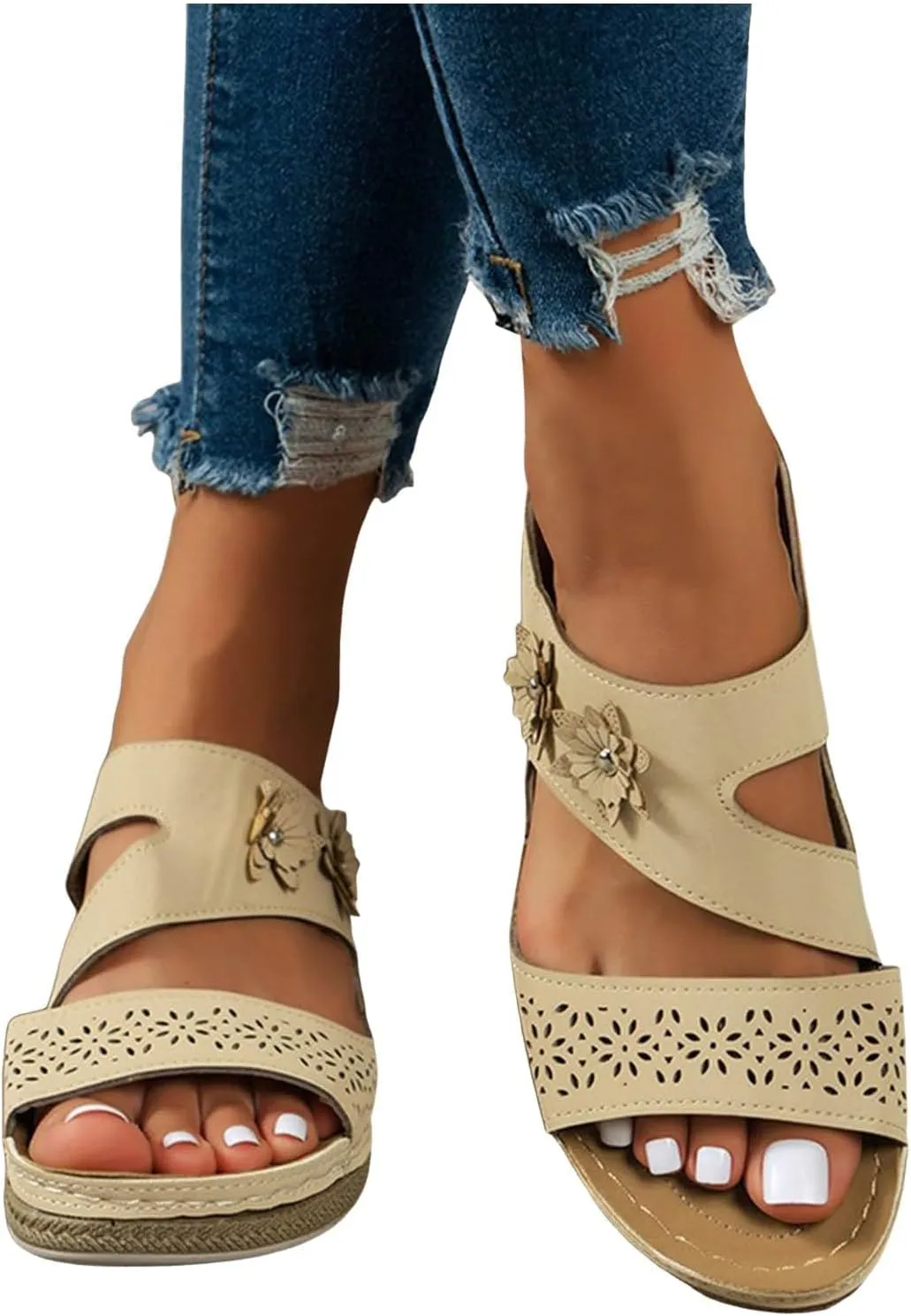 Women's Comfortable Orthopedic Sandals Open Toe Wedge Non Slip Sandals Hollow Out Breathable Wedges Slippers Trendy Flowers Working Shopping Walking Slippers