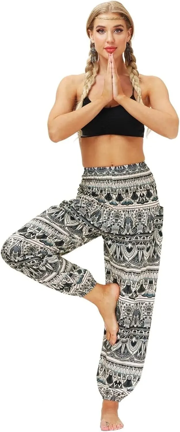 Women's Cotton Harem Pants High Waist Hippie Pattern Baggy Pants with Pockets Light Airy Cloth Pants Yoga Pants