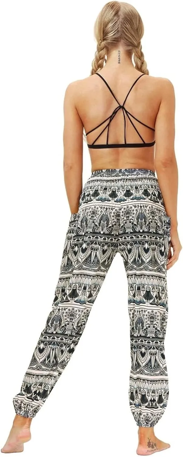 Women's Cotton Harem Pants High Waist Hippie Pattern Baggy Pants with Pockets Light Airy Cloth Pants Yoga Pants