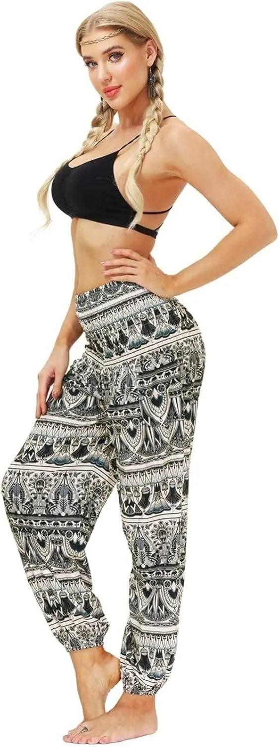 Women's Cotton Harem Pants High Waist Hippie Pattern Baggy Pants with Pockets Light Airy Cloth Pants Yoga Pants