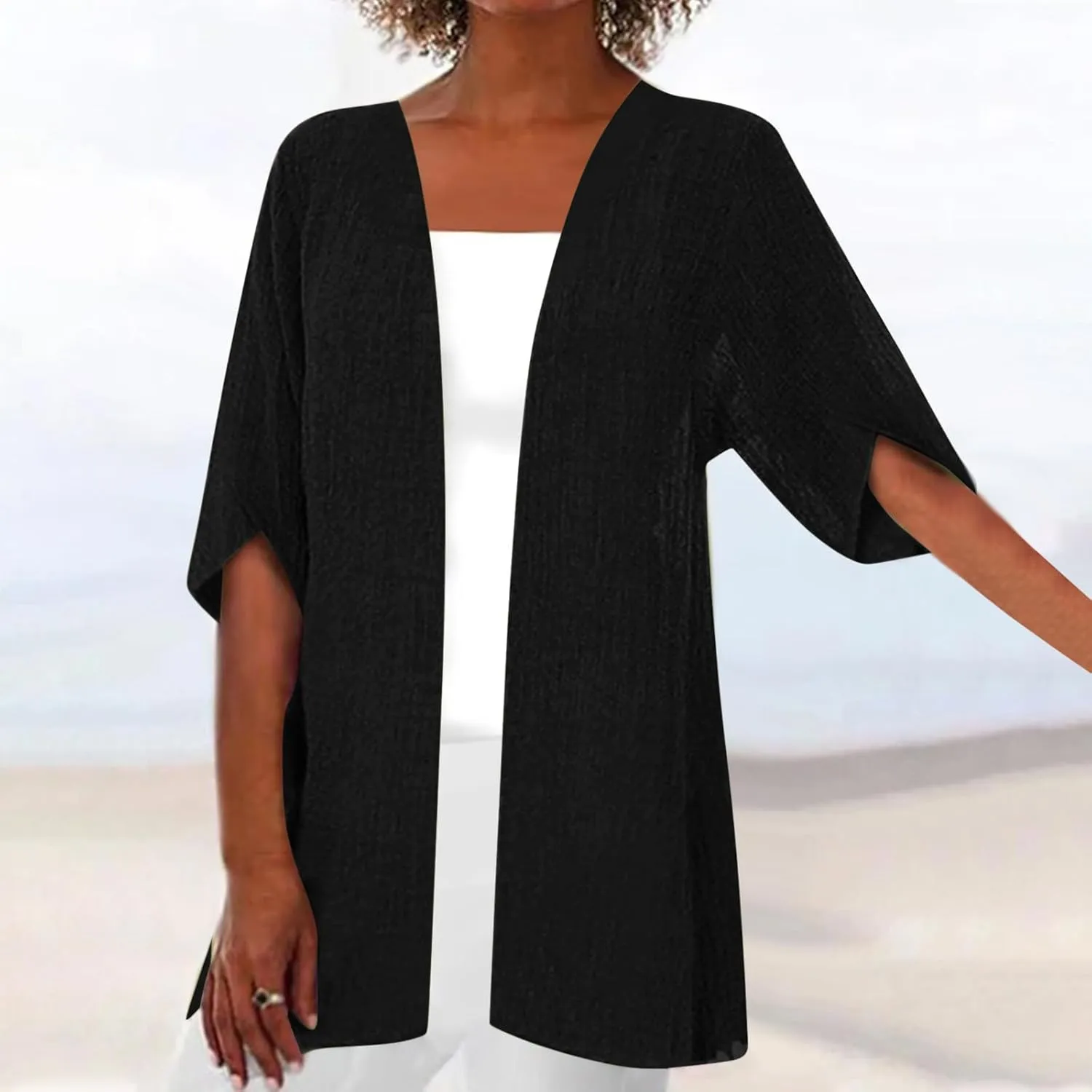 Womens Cotton Linen Cardigan Half Petal Sleeve Cover Ups Open Front Flowy Shrugs UV Sun Protection Rash Guard Shirts