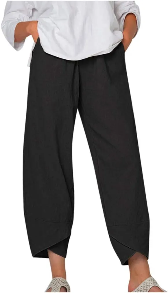 Women's Cotton Linen Harem Pants High Waisted Wide Leg Pants Casual Work Pants Summer Beach Pants Short Lounge Pants
