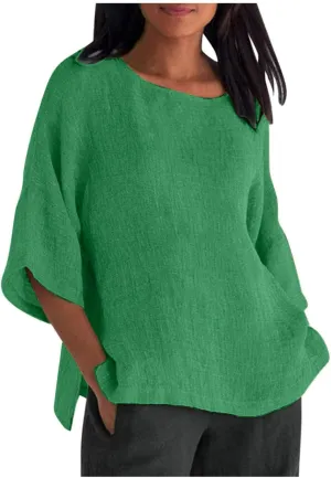 Womens Cotton Linen Summer Tops 3/4 Length Sleeve Tunic Blouses Gauze Boho Shirts Trendy Loose Fit Clothing 2024