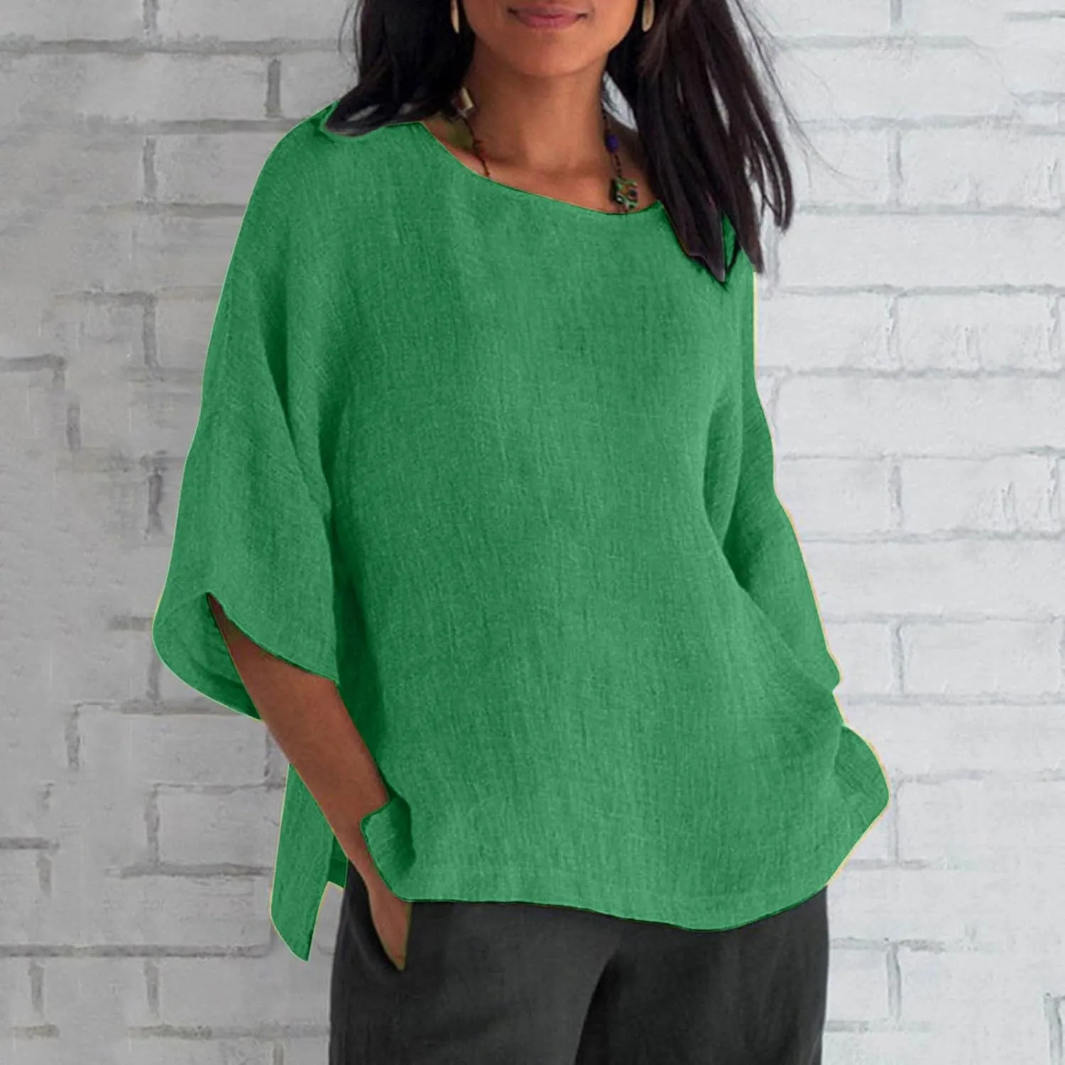 Womens Cotton Linen Summer Tops 3/4 Length Sleeve Tunic Blouses Gauze Boho Shirts Trendy Loose Fit Clothing 2024
