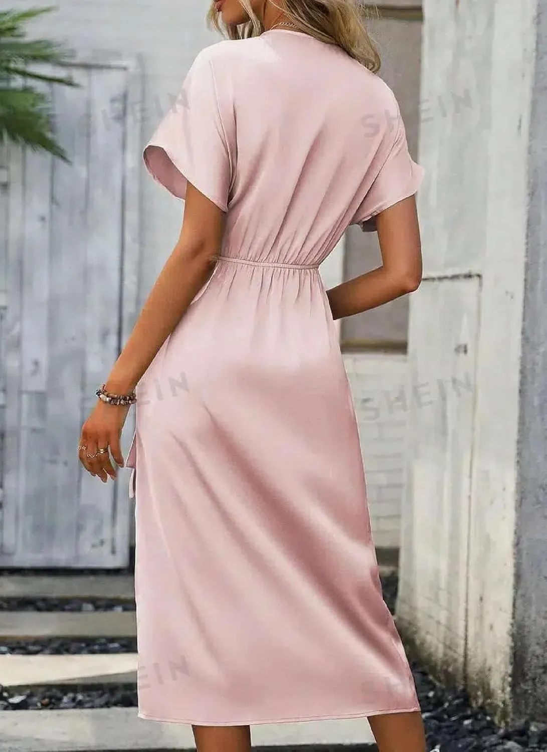 Women's Elegant Pink Wrap Dress 2025 Summer Stylish Short Sleeve Cocktail Midi Gown Formal Wedding Guest Dresses