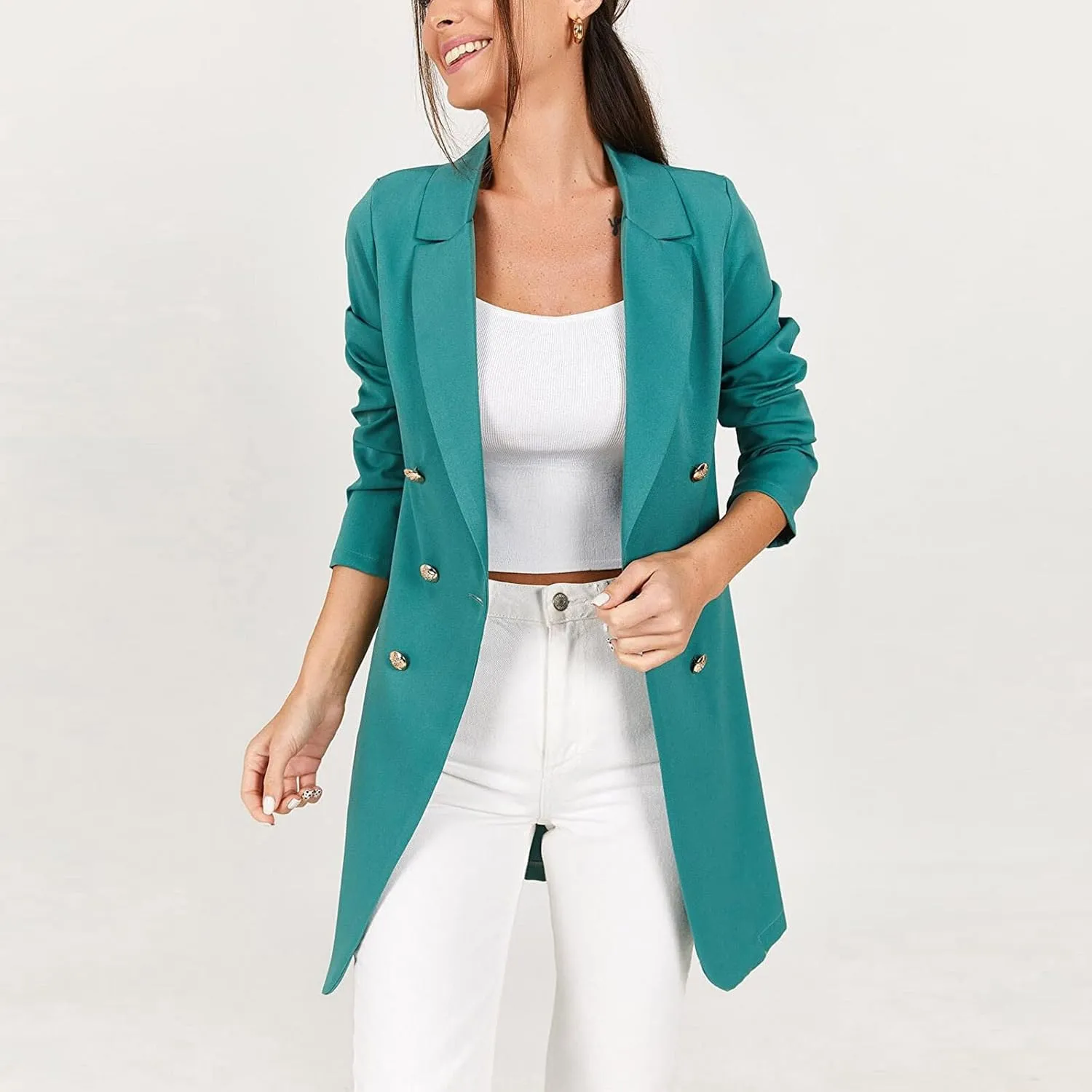 Womens Fashion Lapel Collar Long Sleeve Open Front Button Blazer Jackets Business Casual Trench Cardigan Long Suit Coat