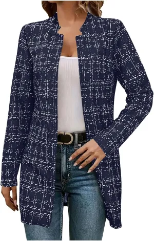 Women's Fashion Plaid Long Blazer Notch Collar Long Sleeve Trendy Cardigan Casual Lightweight Business Suit Coat