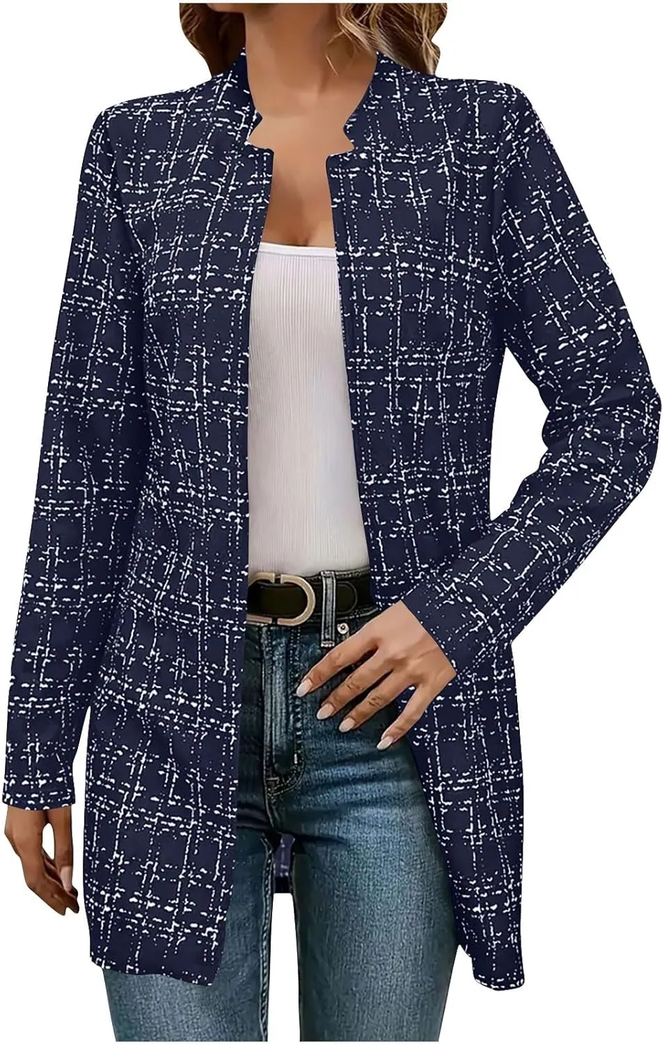 Women's Fashion Plaid Long Blazer Notch Collar Long Sleeve Trendy Cardigan Casual Lightweight Business Suit Coat