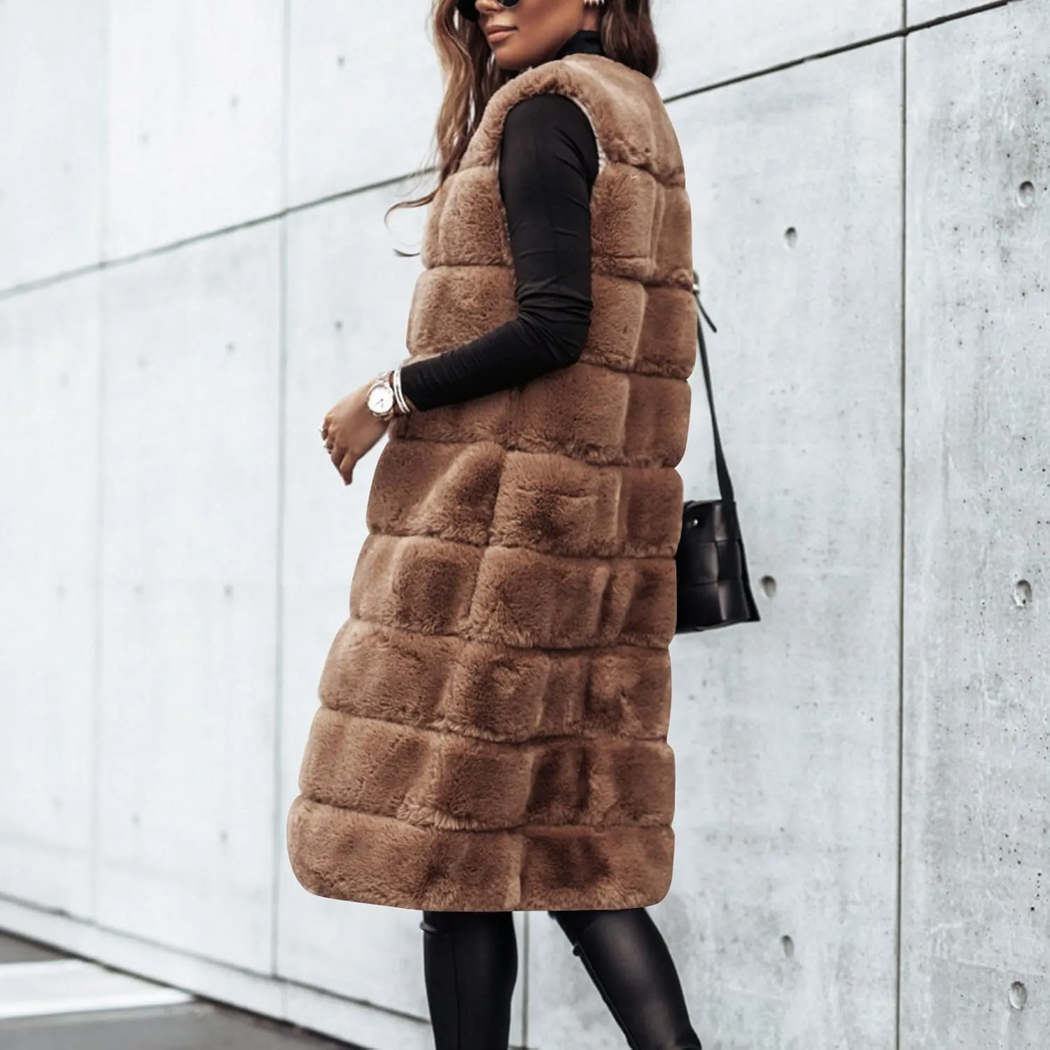Womens Faux Fur Vest Sleeveless Long Fuzzy Fleece Jacket Crewneck Winter Warm Oversized Cardigan Coats