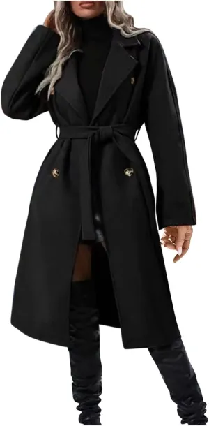 Women's Fleece Wrap Trench Coats Winter Notch Lapel Double Breasted Pea Coat Mid Long Jacket Overcoat with Belt