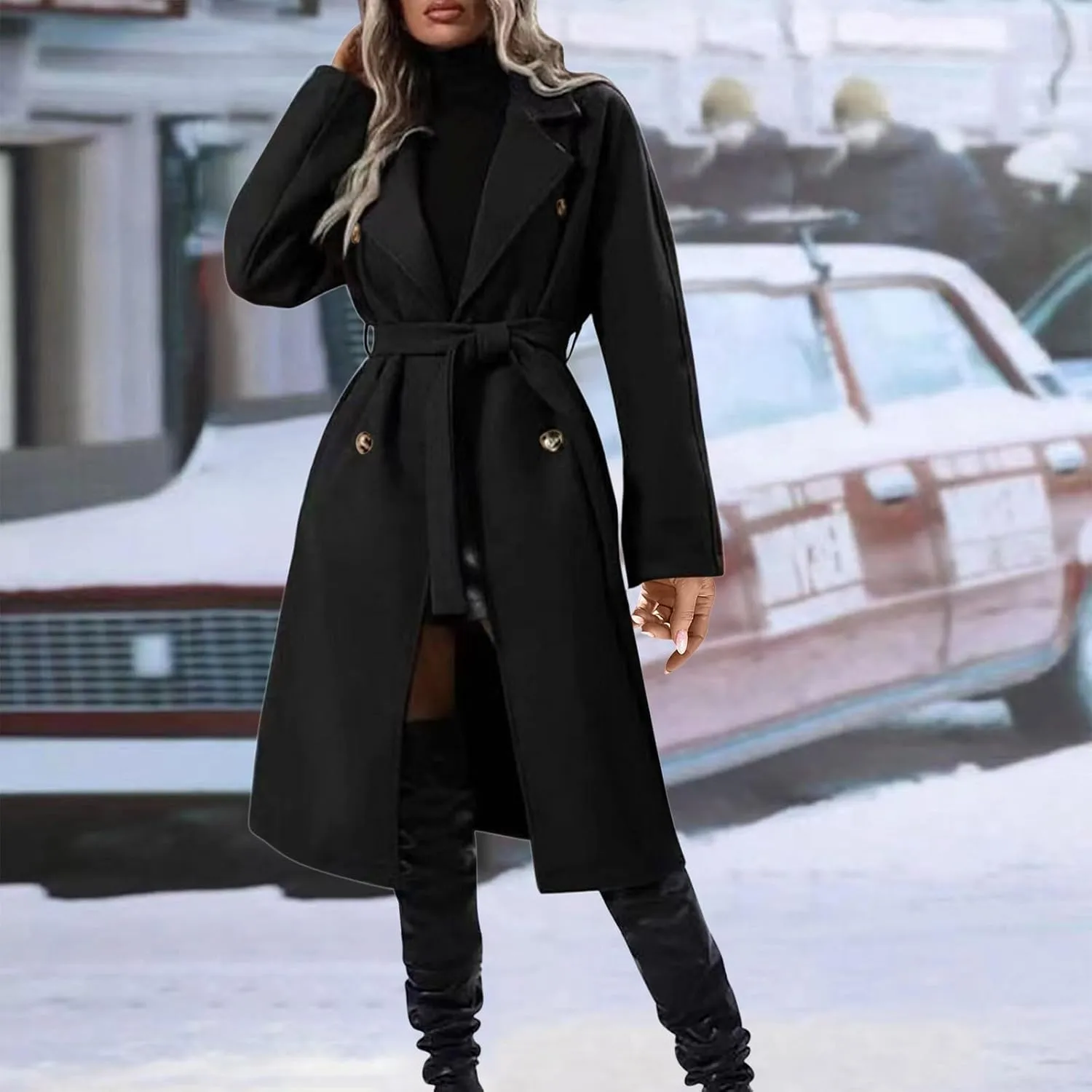 Women's Fleece Wrap Trench Coats Winter Notch Lapel Double Breasted Pea Coat Mid Long Jacket Overcoat with Belt