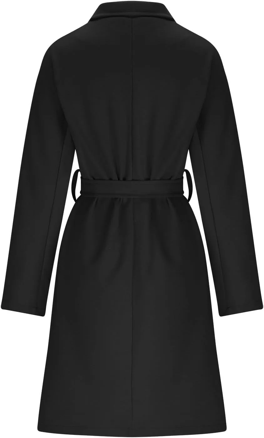 Women's Fleece Wrap Trench Coats Winter Notch Lapel Double Breasted Pea Coat Mid Long Jacket Overcoat with Belt