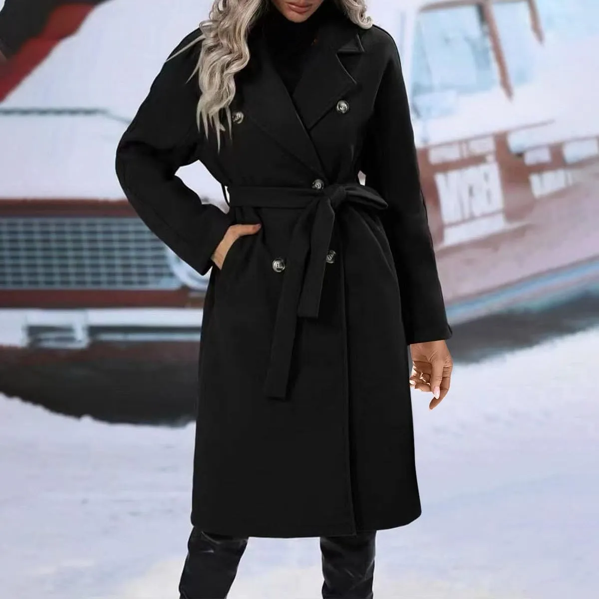 Women's Fleece Wrap Trench Coats Winter Notch Lapel Double Breasted Pea Coat Mid Long Jacket Overcoat with Belt