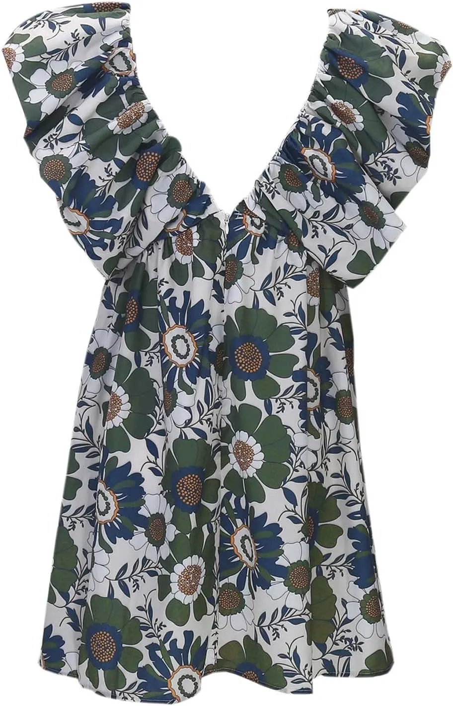 Women's Floral Print Mini Dress V Neck Puff Sleeve Short Babydoll Bow Dress Boho Floral Bow Flowy Sundresses