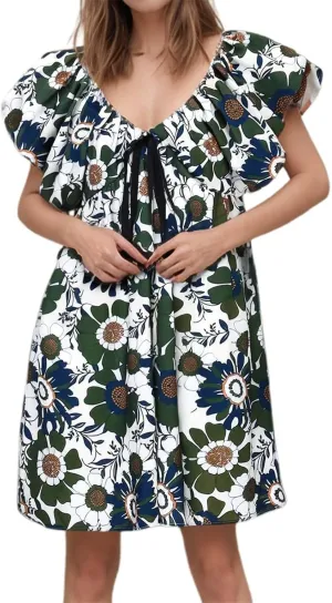 Women's Floral Print Mini Dress V Neck Puff Sleeve Short Babydoll Bow Dress Boho Floral Bow Flowy Sundresses
