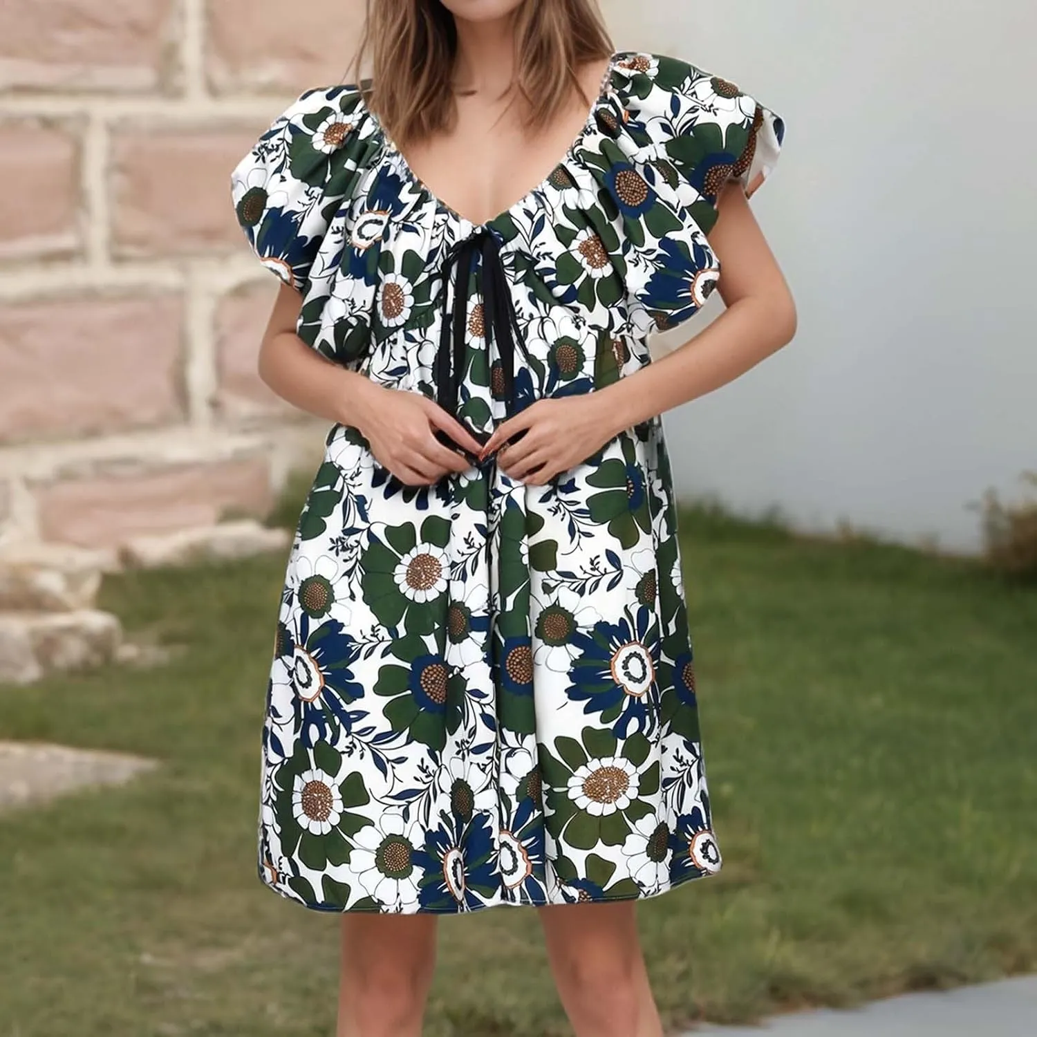 Women's Floral Print Mini Dress V Neck Puff Sleeve Short Babydoll Bow Dress Boho Floral Bow Flowy Sundresses