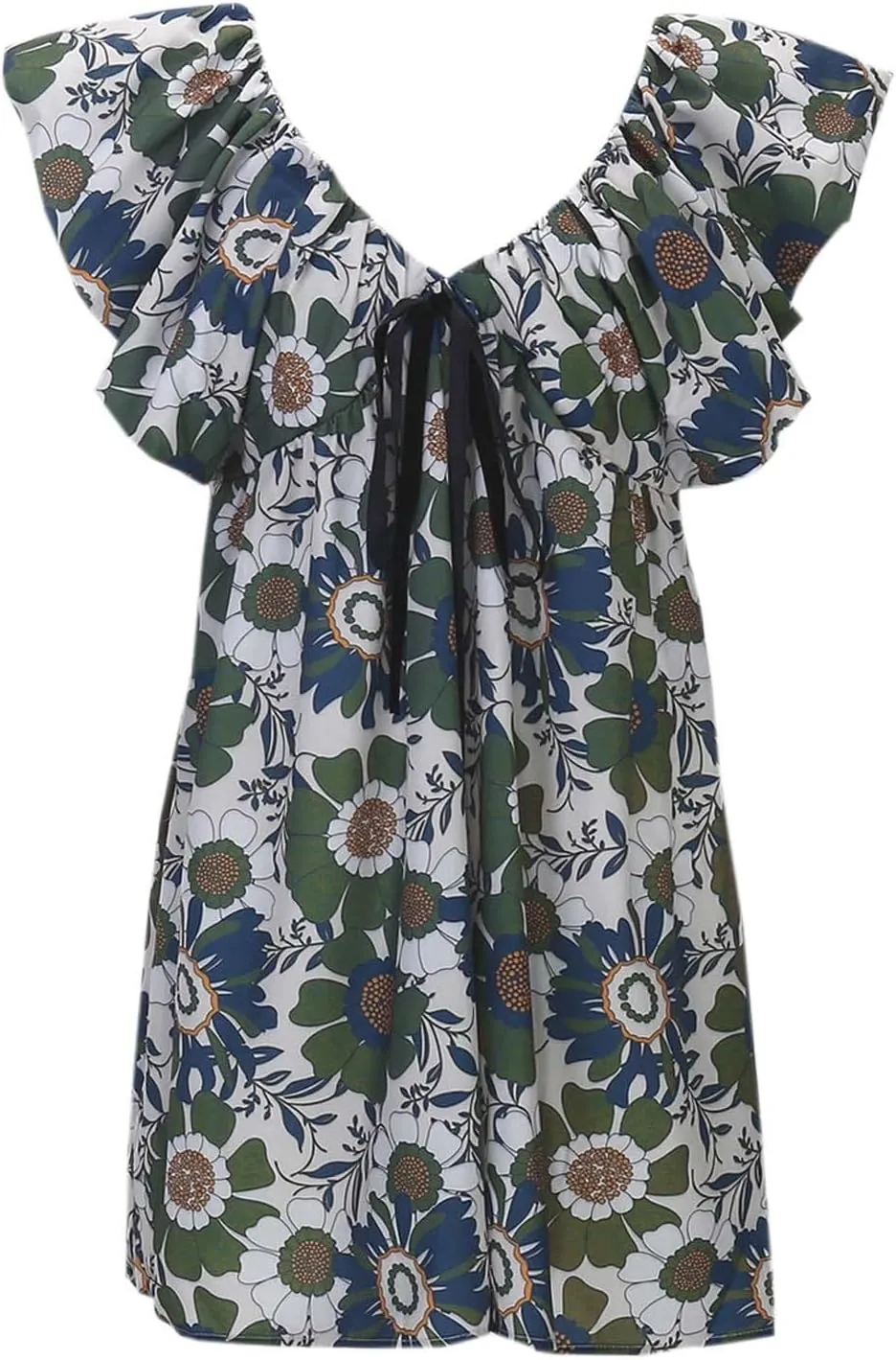 Women's Floral Print Mini Dress V Neck Puff Sleeve Short Babydoll Bow Dress Boho Floral Bow Flowy Sundresses