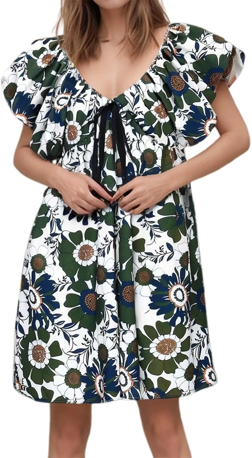 Women's Floral Print Mini Dress V Neck Puff Sleeve Short Babydoll Bow Dress Boho Floral Bow Flowy Sundresses