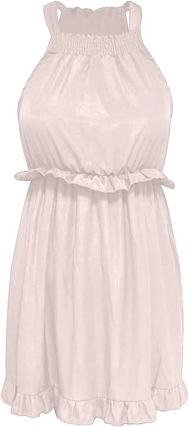 Womens Halter Neck Flowy Dress Sleeveless Sexy Tiered Mini Dress Summer Loose Smocked Ruffle Swing Beach Dresses