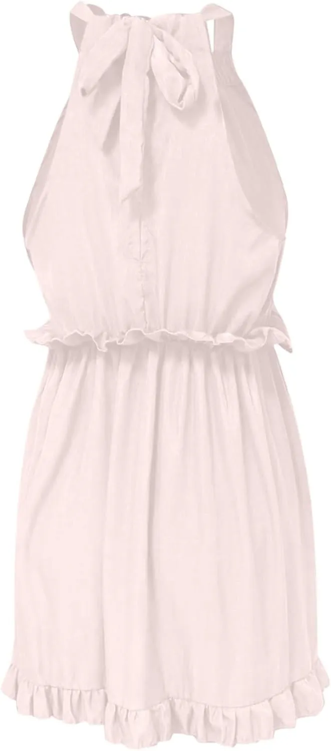 Womens Halter Neck Flowy Dress Sleeveless Sexy Tiered Mini Dress Summer Loose Smocked Ruffle Swing Beach Dresses