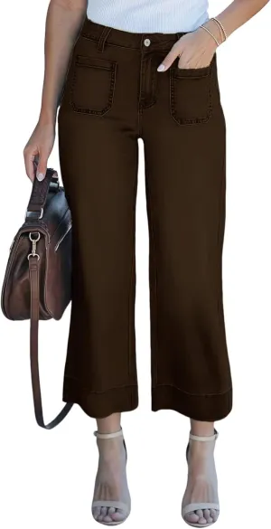 Women's High Waist Wide Leg Jeans Stretchy Baggy Denim Pants Trendy Cropped Trousers with Front Pockets