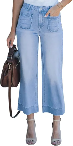 Women's High Waist Wide Leg Jeans Stretchy Baggy Denim Pants Trendy Cropped Trousers with Front Pockets