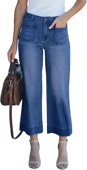 Women's High Waist Wide Leg Jeans Stretchy Baggy Denim Pants Trendy Cropped Trousers with Front Pockets