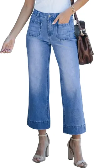 Women's High Waist Wide Leg Jeans Stretchy Baggy Denim Pants Trendy Cropped Trousers with Front Pockets